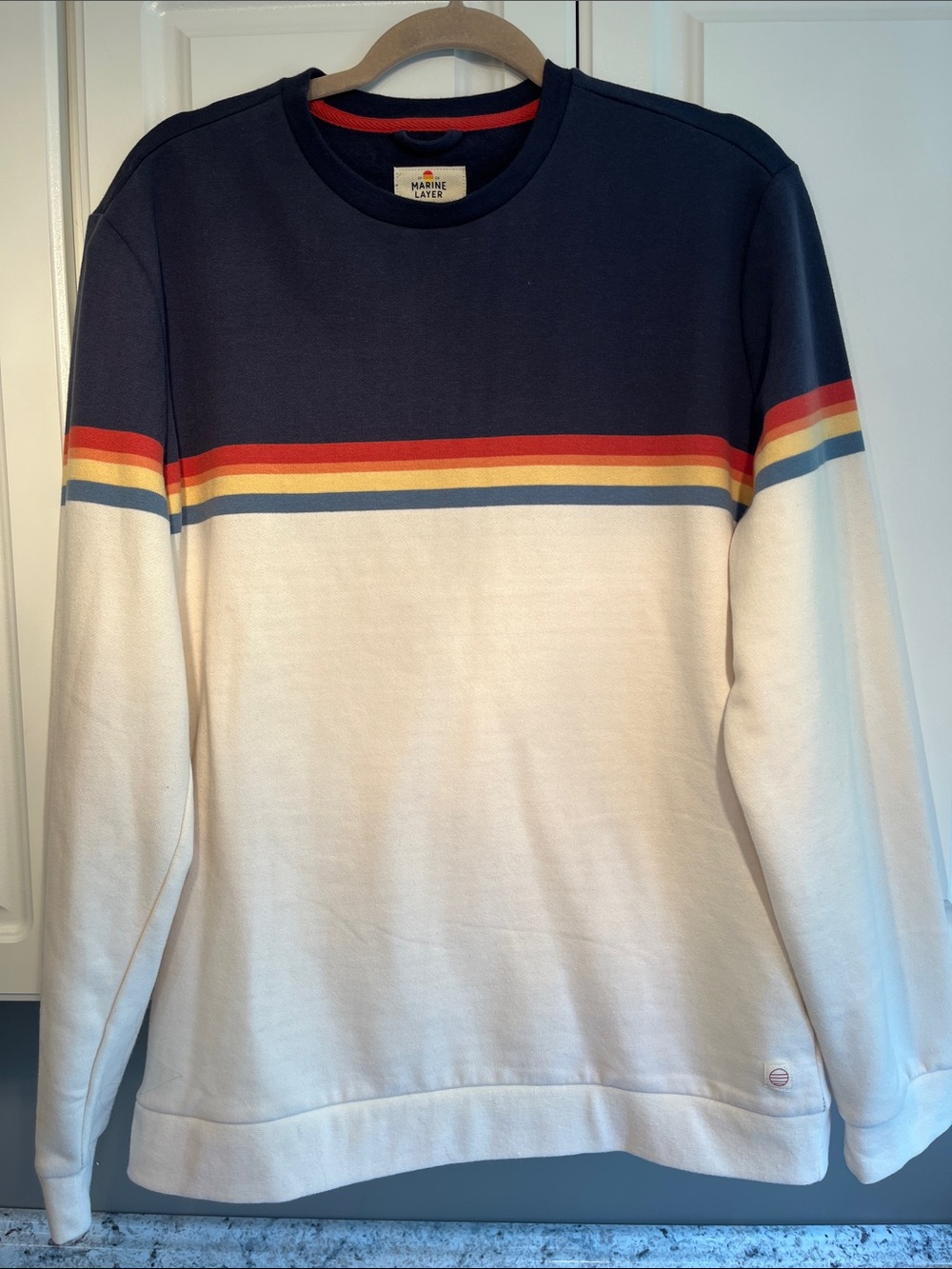 Striped Colorblock Crewneck Sweatshirt - Navy & Cream with Rainbow Stripes